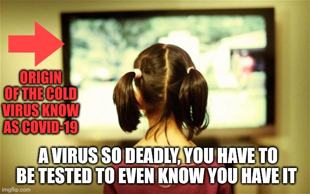 Watching Television | A VIRUS SO DEADLY, YOU HAVE TO BE TESTED TO EVEN KNOW YOU HAVE IT ORIGIN OF THE COLD VIRUS KNOW AS COVID-19 | image tagged in watching television | made w/ Imgflip meme maker