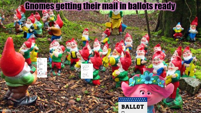 Gnome lives matter | Gnomes getting their mail in ballots ready | image tagged in voter fraud,gnomes,vote | made w/ Imgflip meme maker