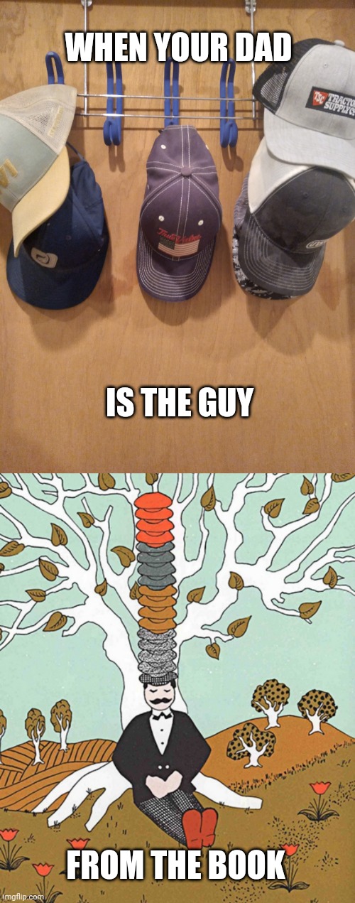 Why so many? | WHEN YOUR DAD; IS THE GUY; FROM THE BOOK | image tagged in hats,funny,dad | made w/ Imgflip meme maker