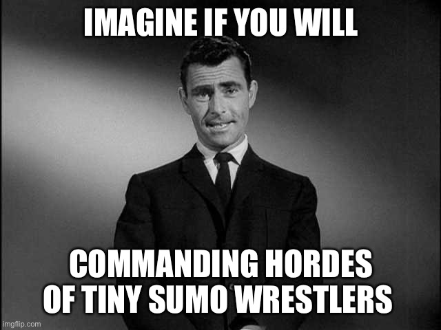 Aka playing Pikmin | IMAGINE IF YOU WILL; COMMANDING HORDES OF TINY SUMO WRESTLERS | image tagged in rod serling twilight zone | made w/ Imgflip meme maker