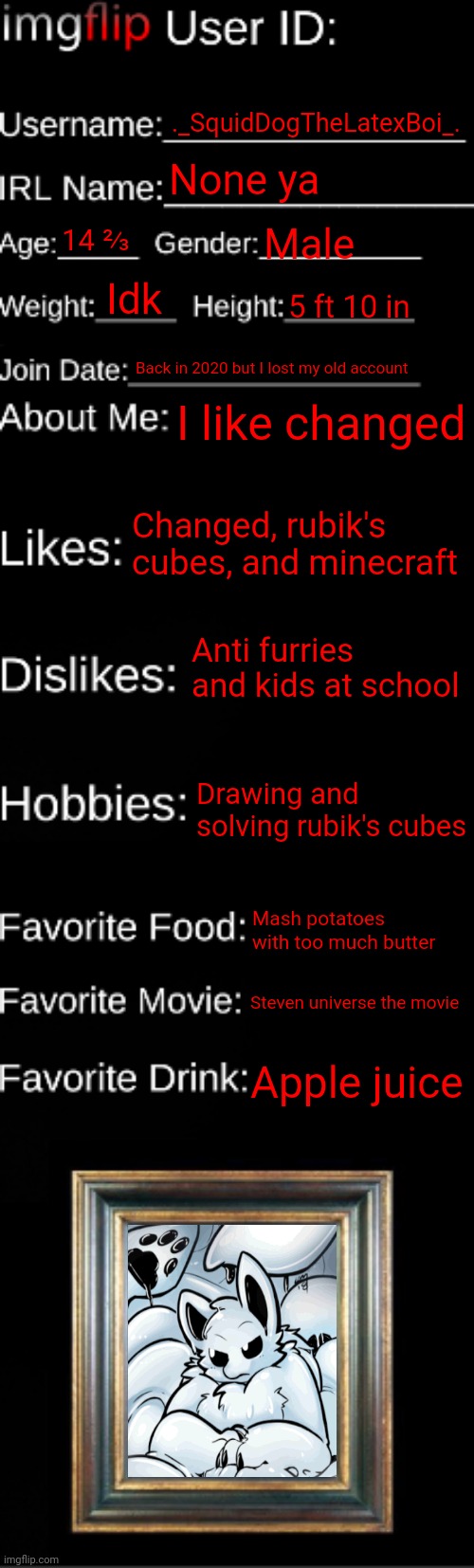 The image I had on my phone for years I forgot where it can from sorry | ._SquidDogTheLatexBoi_. None ya; 14 ⅔; Male; Idk; 5 ft 10 in; Back in 2020 but I lost my old account; I like changed; Changed, rubik's cubes, and minecraft; Anti furries and kids at school; Drawing and solving rubik's cubes; Mash potatoes with too much butter; Steven universe the movie; Apple juice | image tagged in imgflip id card | made w/ Imgflip meme maker