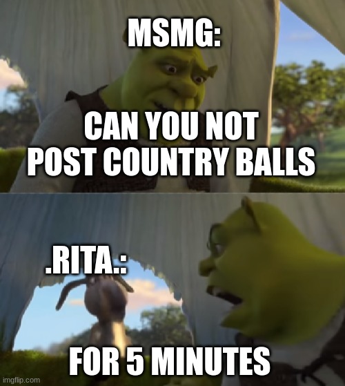 For 5 Minutes | MSMG:; CAN YOU NOT POST COUNTRY BALLS; .RITA.:; FOR 5 MINUTES | image tagged in for 5 minutes | made w/ Imgflip meme maker