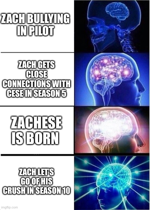 Ceses world Zach in a nutshell | ZACH BULLYING IN PILOT; ZACH GETS CLOSE CONNECTIONS WITH CESE IN SEASON 5; ZACHESE IS BORN; ZACH LET’S GO OF HIS CRUSH IN SEASON 10 | image tagged in memes,expanding brain | made w/ Imgflip meme maker