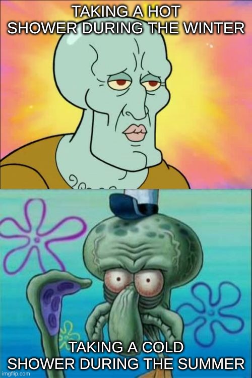 Hot is better ngl | TAKING A HOT SHOWER DURING THE WINTER; TAKING A COLD SHOWER DURING THE SUMMER | image tagged in memes,squidward,shower,spongebob,fun | made w/ Imgflip meme maker