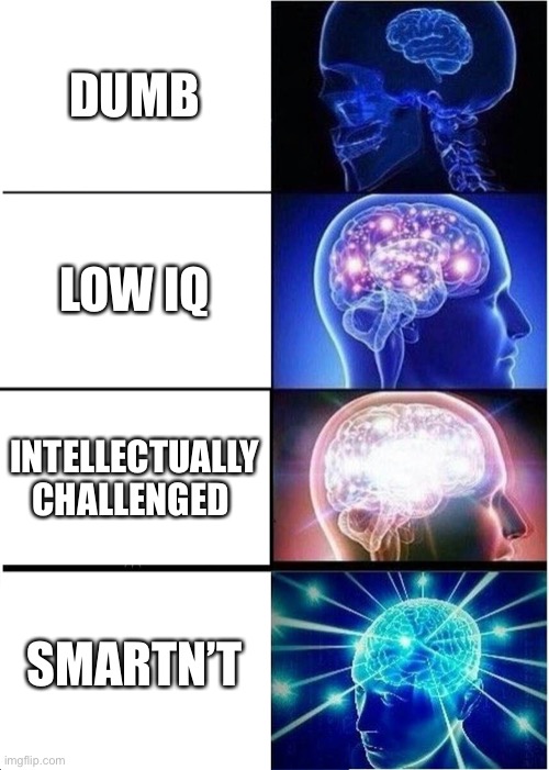 Expanding Brain | DUMB; LOW IQ; INTELLECTUALLY CHALLENGED; SMARTN’T | image tagged in memes,expanding brain | made w/ Imgflip meme maker