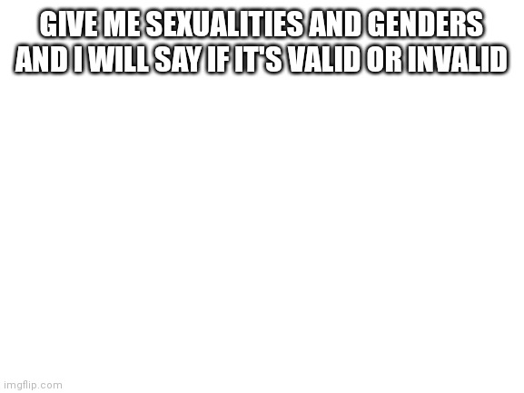 Blank White Template | GIVE ME SEXUALITIES AND GENDERS AND I WILL SAY IF IT'S VALID OR INVALID | image tagged in blank white template | made w/ Imgflip meme maker