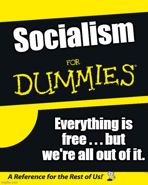 For Dummies | Socialism; Everything is free . . . but we're all out of it. | image tagged in for dummies | made w/ Imgflip meme maker