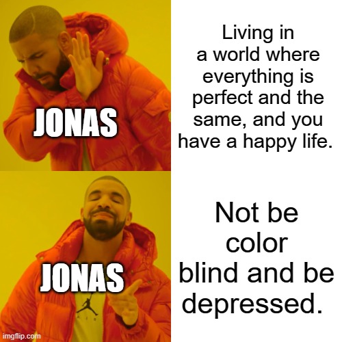 The Giver in a nutshell | Living in a world where everything is perfect and the same, and you have a happy life. JONAS; Not be color blind and be depressed. JONAS | image tagged in memes,drake hotline bling | made w/ Imgflip meme maker