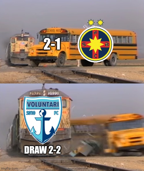 Voluntari 2-2 FCSB. CFR Cluj if they win vs Craiova, they're Champions of Romania. AGAIN! | 2-1; DRAW 2-2 | image tagged in a train hitting a school bus,voluntari,fcsb,liga 1,fotbal,memes | made w/ Imgflip meme maker