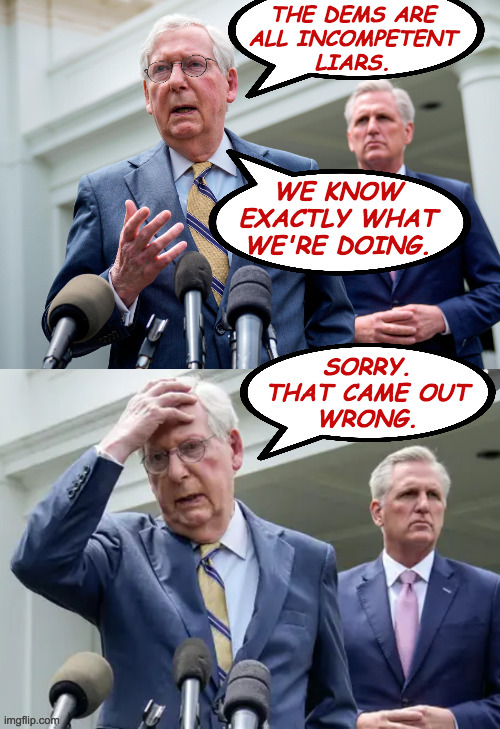 The pressure to keep it all straight and not brag about it must be incredible. | THE DEMS ARE
ALL INCOMPETENT
LIARS. WE KNOW
EXACTLY WHAT
WE'RE DOING. SORRY.
THAT CAME OUT
WRONG. | image tagged in that came out wrong,memes,mitch and kevin,liars | made w/ Imgflip meme maker