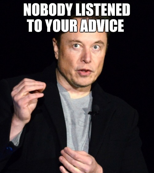 musk |  NOBODY LISTENED TO YOUR ADVICE | image tagged in musk | made w/ Imgflip meme maker