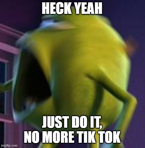 Heck yeah Wazowski | HECK YEAH JUST DO IT, NO MORE TIK TOK | image tagged in heck yeah wazowski | made w/ Imgflip meme maker