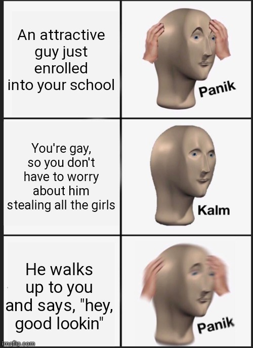 Good title | An attractive guy just enrolled into your school; You're gay, so you don't have to worry about him stealing all the girls; He walks up to you and says, "hey, good lookin" | image tagged in memes,panik kalm panik | made w/ Imgflip meme maker