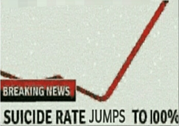 Suicide rate jumps to 100% | image tagged in suicide rate jumps to 100 | made w/ Imgflip meme maker