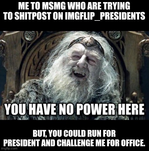 you have no power here | ME TO MSMG WHO ARE TRYING TO SHITPOST ON IMGFLIP_PRESIDENTS; BUT, YOU COULD RUN FOR PRESIDENT AND CHALLENGE ME FOR OFFICE. | image tagged in you have no power here | made w/ Imgflip meme maker