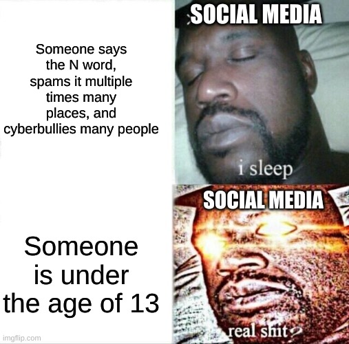 I have nothing to say in the title |  Someone says the N word, spams it multiple times many places, and cyberbullies many people; SOCIAL MEDIA; SOCIAL MEDIA; Someone is under the age of 13 | image tagged in memes,sleeping shaq | made w/ Imgflip meme maker