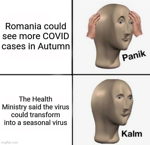 hm :/ | Romania could see more COVID cases in Autumn; The Health Ministry said the virus could transform into a seasonal virus | image tagged in panik kalm,romania,covid-19,coronavirus,autumn,seasonal | made w/ Imgflip meme maker