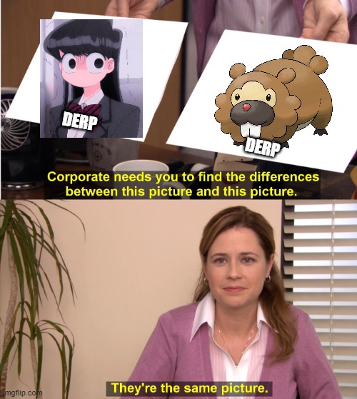 Don't Mind Them; They're Just Derping Around! |  DERP; DERP | image tagged in corporate wants you to find the difference,derp,komi-san,bidoof,pokemon | made w/ Imgflip meme maker