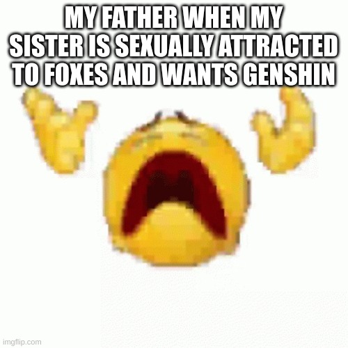 emoji dies | MY FATHER WHEN MY SISTER IS SEXUALLY ATTRACTED TO FOXES AND WANTS GENSHIN | image tagged in emoji dies | made w/ Imgflip meme maker