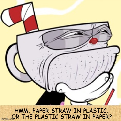 Government Logic | HMM, PAPER STRAW IN PLASTIC, OR THE PLASTIC STRAW IN PAPER? | image tagged in straw,environmental,government,state,illogical,plastic | made w/ Imgflip meme maker