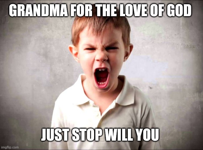 Kid yelling | GRANDMA FOR THE LOVE OF GOD JUST STOP WILL YOU | image tagged in kid yelling | made w/ Imgflip meme maker