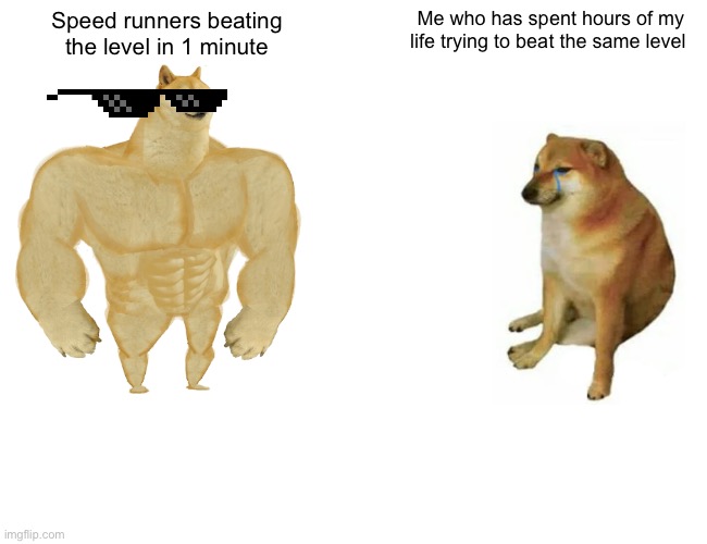 Buff Doge vs. Cheems | Speed runners beating the level in 1 minute; Me who has spent hours of my life trying to beat the same level | image tagged in memes,buff doge vs cheems | made w/ Imgflip meme maker