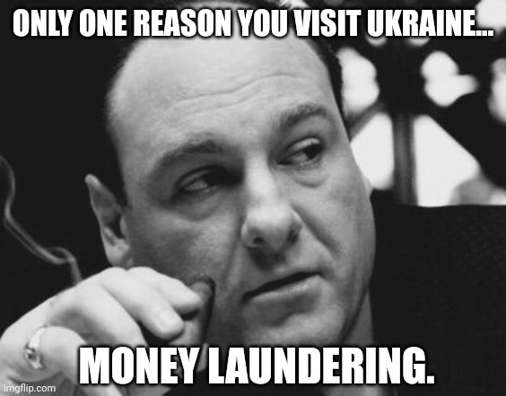 A lot of trips there between democrats alone. | ONLY ONE REASON YOU VISIT UKRAINE... MONEY LAUNDERING. | image tagged in tony soprano admin gangster | made w/ Imgflip meme maker