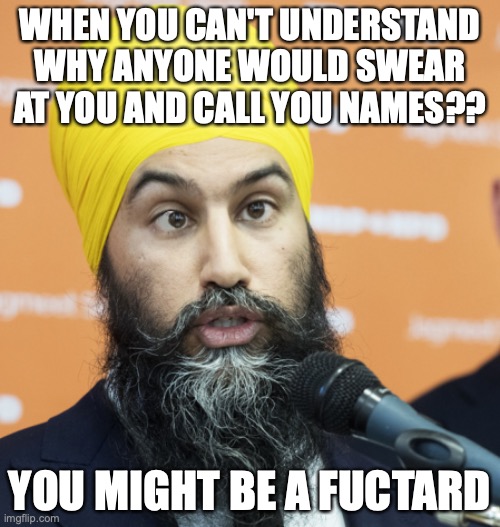 You might be a Fuctard |  WHEN YOU CAN'T UNDERSTAND WHY ANYONE WOULD SWEAR AT YOU AND CALL YOU NAMES?? YOU MIGHT BE A FUCTARD | image tagged in cross-eyed jagmeet singh,you might be a fuctard,jagmeet singh | made w/ Imgflip meme maker
