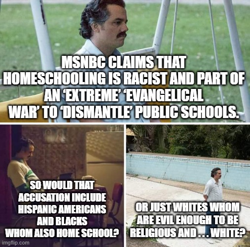 No wonder there now NEEDS to be a federal Ministry of 'Truth' to 'correct' the wrong thinking of people to the Right of Center. | MSNBC CLAIMS THAT HOMESCHOOLING IS RACIST AND PART OF AN ‘EXTREME’ ‘EVANGELICAL WAR’ TO ‘DISMANTLE’ PUBLIC SCHOOLS. SO WOULD THAT ACCUSATION INCLUDE HISPANIC AMERICANS AND BLACKS WHOM ALSO HOME SCHOOL? OR JUST WHITES WHOM ARE EVIL ENOUGH TO BE RELIGIOUS AND . . . WHITE? | image tagged in sad pablo escobar | made w/ Imgflip meme maker