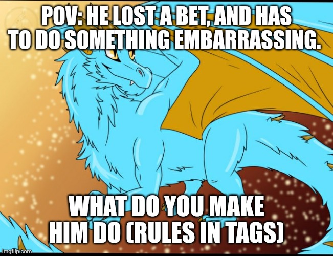 Sky Dragon | POV: HE LOST A BET, AND HAS TO DO SOMETHING EMBARRASSING. WHAT DO YOU MAKE HIM DO (RULES IN TAGS) | image tagged in sky dragon,only sfw,no physically hurting him,no death,if you choose it in public please try to cheer him up afterwards | made w/ Imgflip meme maker