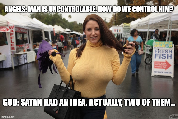 Uncontrollable??? | ANGELS: MAN IS UNCONTROLABLE. HOW DO WE CONTROL HIM? GOD: SATAN HAD AN IDEA. ACTUALLY, TWO OF THEM... | image tagged in busty braless with hard nipples | made w/ Imgflip meme maker