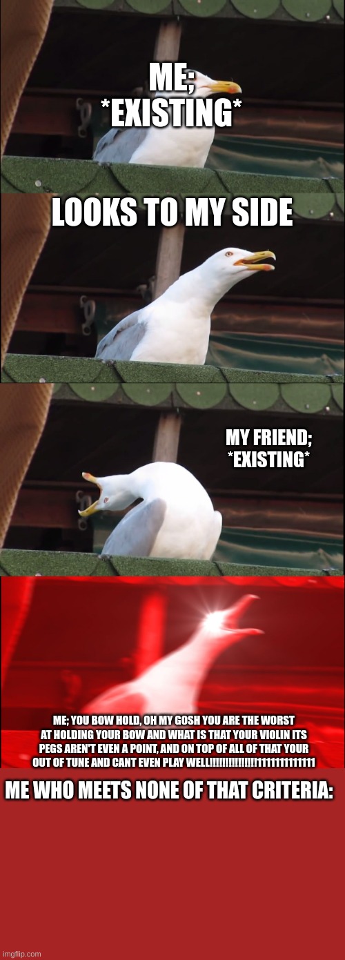 Inhaling Seagull Meme | ME; *EXISTING*; LOOKS TO MY SIDE; MY FRIEND; *EXISTING*; ME; YOU BOW HOLD, OH MY GOSH YOU ARE THE WORST AT HOLDING YOUR BOW AND WHAT IS THAT YOUR VIOLIN ITS PEGS AREN'T EVEN A POINT, AND ON TOP OF ALL OF THAT YOUR OUT OF TUNE AND CANT EVEN PLAY WELL!!!!!!!!!!!!!!!1111111111111; ME WHO MEETS NONE OF THAT CRITERIA: | image tagged in memes,inhaling seagull | made w/ Imgflip meme maker