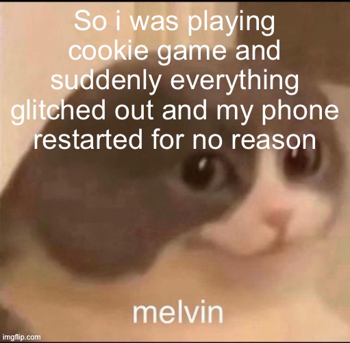 melvin | So i was playing cookie game and suddenly everything glitched out and my phone restarted for no reason | image tagged in melvin | made w/ Imgflip meme maker