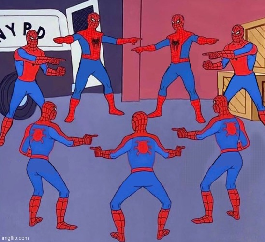 8 spidermen pointing | image tagged in 8 spidermen pointing | made w/ Imgflip meme maker