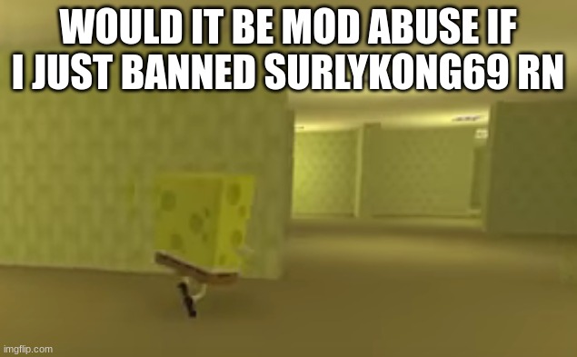 spongebob in the backrooms | WOULD IT BE MOD ABUSE IF I JUST BANNED SURLYKONG69 RN | image tagged in spongebob in the backrooms | made w/ Imgflip meme maker