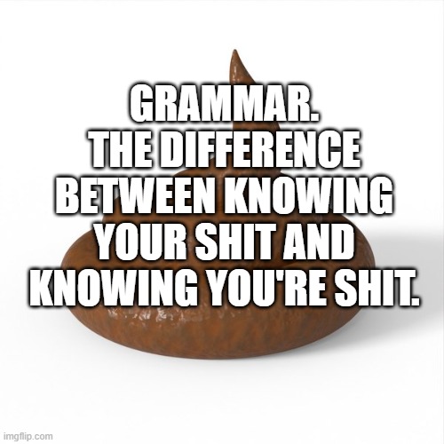 Know Your Shit |  GRAMMAR. THE DIFFERENCE BETWEEN KNOWING YOUR SHIT AND KNOWING YOU'RE SHIT. | image tagged in know your shit,grammar,grammar police | made w/ Imgflip meme maker