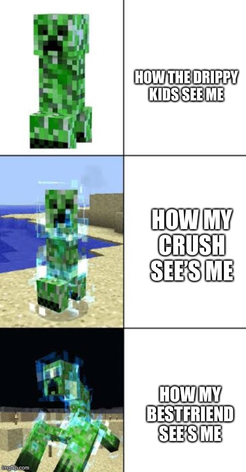 Minecraft creeper template | HOW THE DRIPPY KIDS SEE ME; HOW MY CRUSH SEE’S ME; HOW MY BESTFRIEND SEE’S ME | image tagged in minecraft creeper template | made w/ Imgflip meme maker