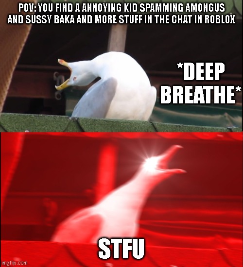 ngl its very annoying | POV: YOU FIND A ANNOYING KID SPAMMING AMONGUS AND SUSSY BAKA AND MORE STUFF IN THE CHAT IN ROBLOX; *DEEP BREATHE*; STFU | image tagged in screaming bird | made w/ Imgflip meme maker