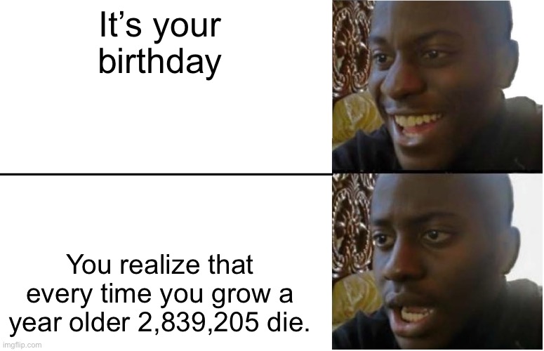 Shocking | It’s your birthday; You realize that every time you grow a year older 2,839,205 die. | image tagged in disappointed black guy,memes | made w/ Imgflip meme maker