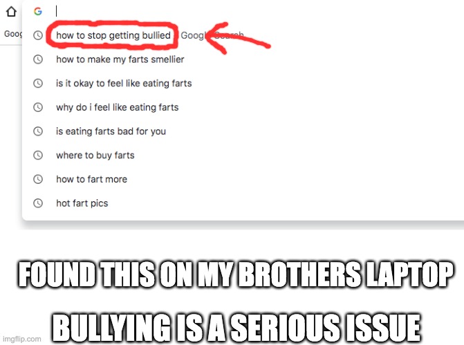 I hate bullies | FOUND THIS ON MY BROTHERS LAPTOP; BULLYING IS A SERIOUS ISSUE | image tagged in memes,funny,google search,fart,serious joke | made w/ Imgflip meme maker