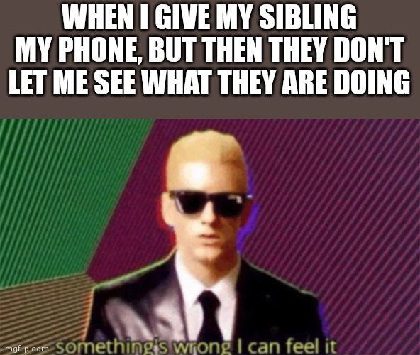 something's wrong i can feel it | WHEN I GIVE MY SIBLING MY PHONE, BUT THEN THEY DON'T LET ME SEE WHAT THEY ARE DOING | image tagged in something's wrong i can feel it | made w/ Imgflip meme maker