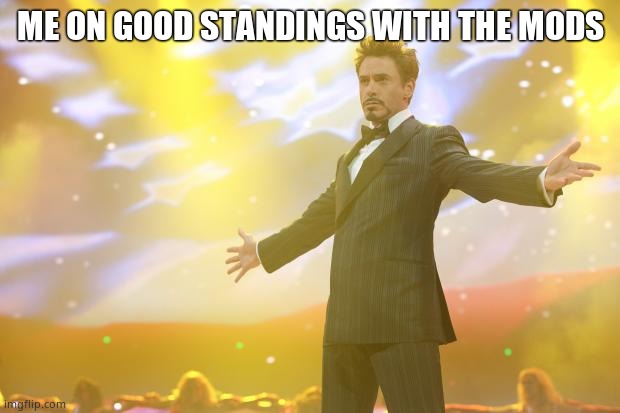 Tony Stark success | ME ON GOOD STANDINGS WITH THE MODS | image tagged in tony stark success | made w/ Imgflip meme maker