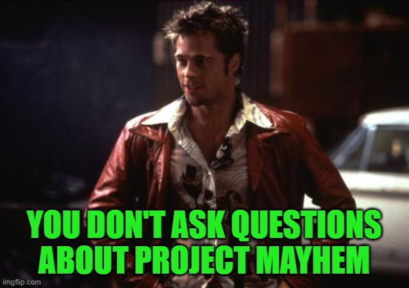 Tyler Durden | YOU DON'T ASK QUESTIONS ABOUT PROJECT MAYHEM | image tagged in tyler durden | made w/ Imgflip meme maker