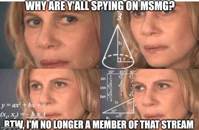 Why? | WHY ARE Y'ALL SPYING ON MSMG? BTW, I'M NO LONGER A MEMBER OF THAT STREAM | image tagged in math lady/confused lady | made w/ Imgflip meme maker