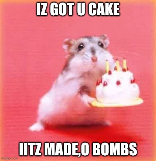 u blow up | IZ GOT U CAKE; IITZ MADE,O BOMBS | image tagged in birthday hamster | made w/ Imgflip meme maker