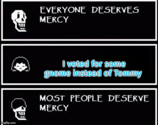 Mercy | I voted for some gnome instead of Tommy | image tagged in everyone deserves mercy,vote,tommy | made w/ Imgflip meme maker