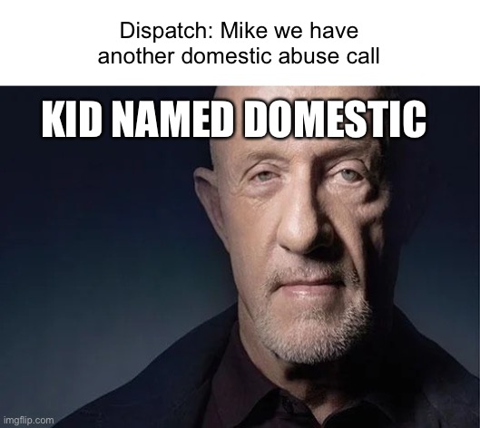 mike ehrmantraut | Dispatch: Mike we have another domestic abuse call; KID NAMED DOMESTIC | image tagged in mike ehrmantraut | made w/ Imgflip meme maker