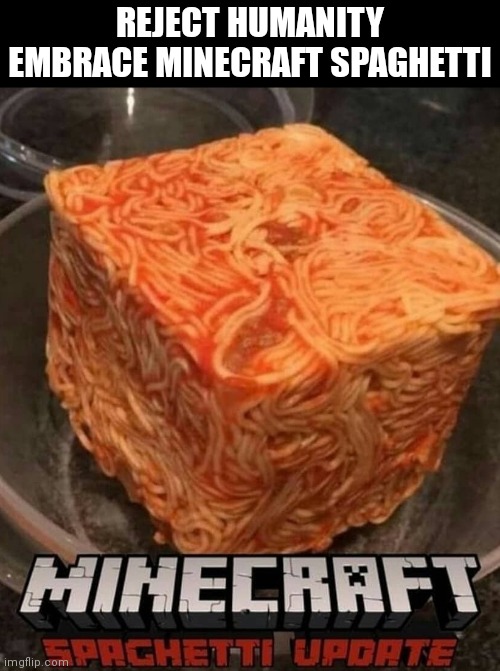 spaghetti cube | REJECT HUMANITY
EMBRACE MINECRAFT SPAGHETTI | image tagged in spaghetti cube | made w/ Imgflip meme maker