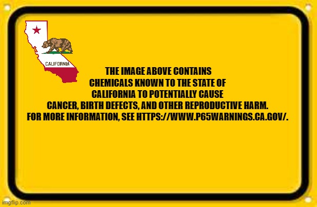Blank Yellow Sign | THE IMAGE ABOVE CONTAINS CHEMICALS KNOWN TO THE STATE OF CALIFORNIA TO POTENTIALLY CAUSE CANCER, BIRTH DEFECTS, AND OTHER REPRODUCTIVE HARM.

FOR MORE INFORMATION, SEE HTTPS://WWW.P65WARNINGS.CA.GOV/. | image tagged in memes,blank yellow sign | made w/ Imgflip meme maker