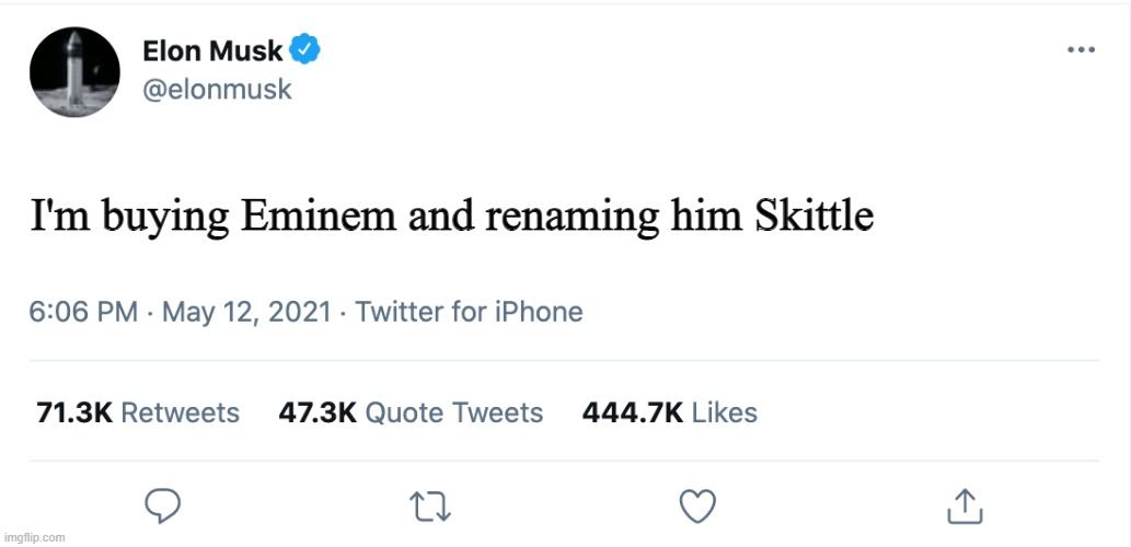 Skittle |  I'm buying Eminem and renaming him Skittle | image tagged in elon musk blank tweet,rap | made w/ Imgflip meme maker